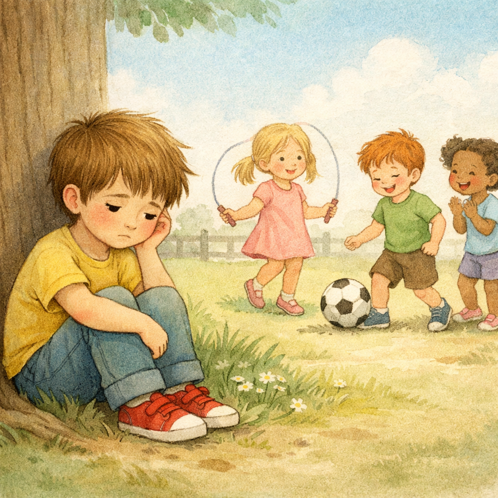 Child appearing uninterested in playing with other children nearby.