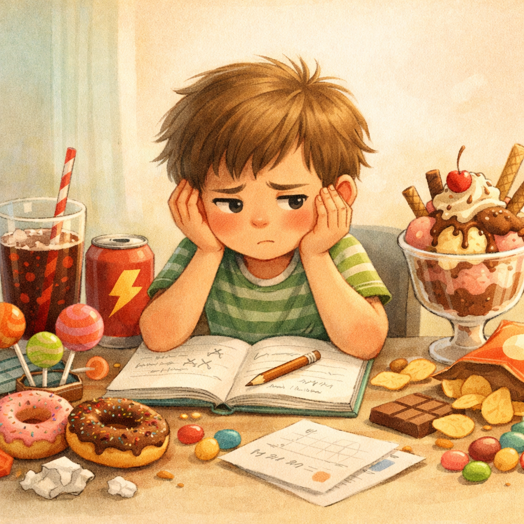 Child struggling to focus on homework while surrounded by sugary snacks and drinks.