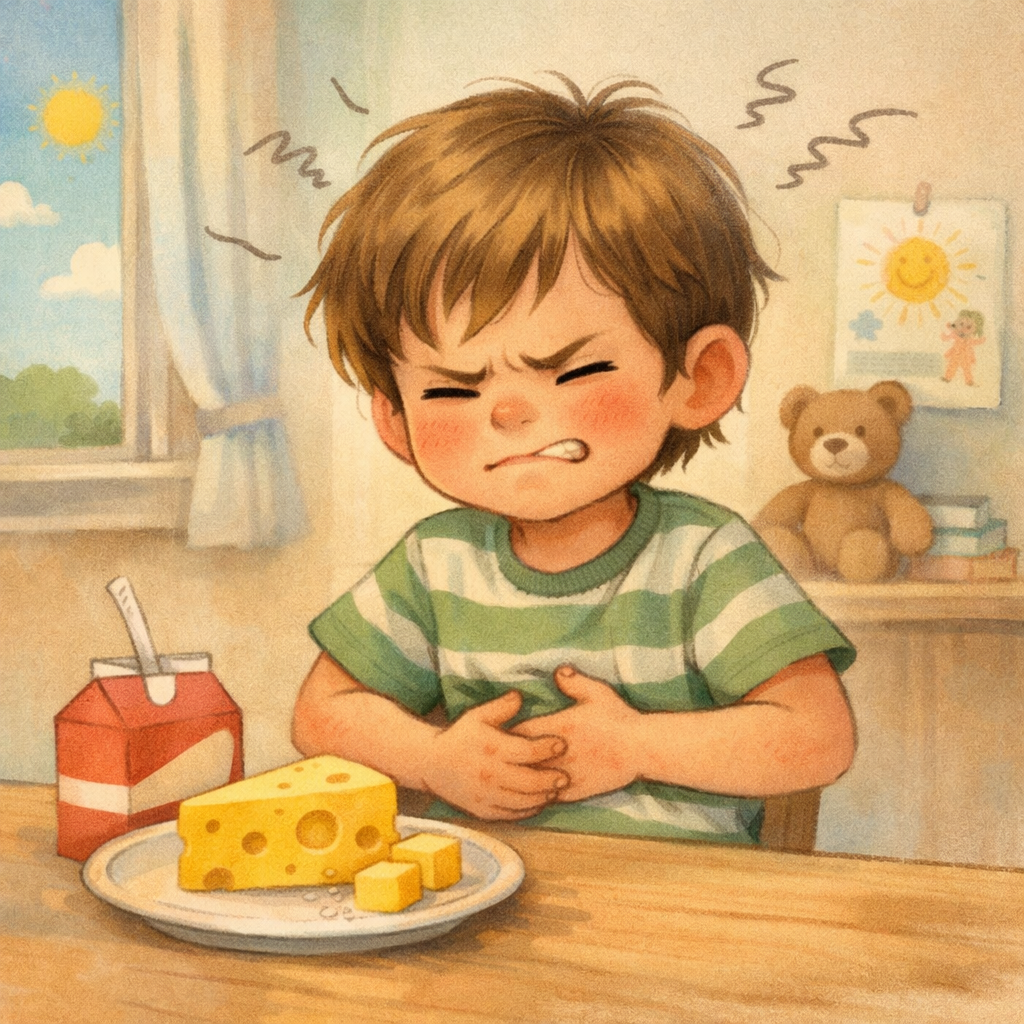 Child showing signs of irritability after eating cheese or ice cream.