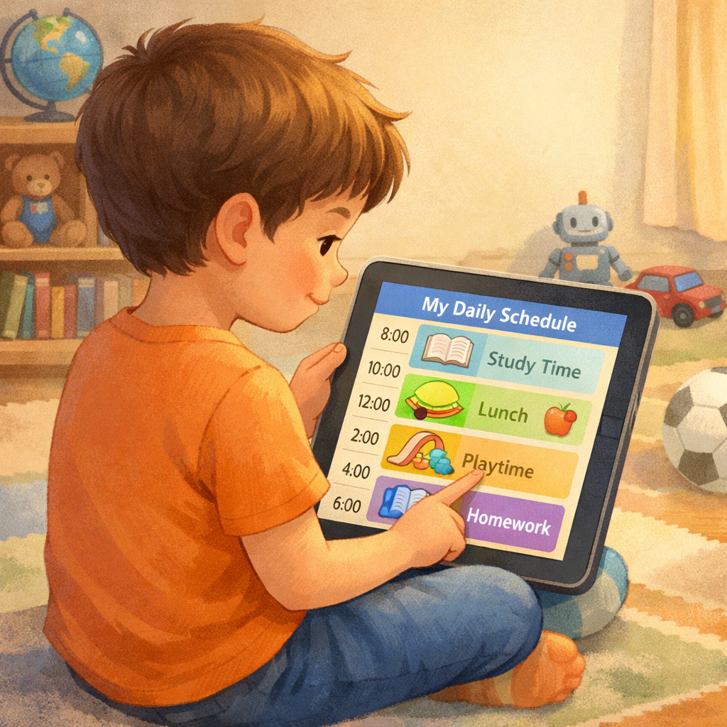 A child using a tablet with a colorful time management app showing a daily schedule with icons for homework and playtime.