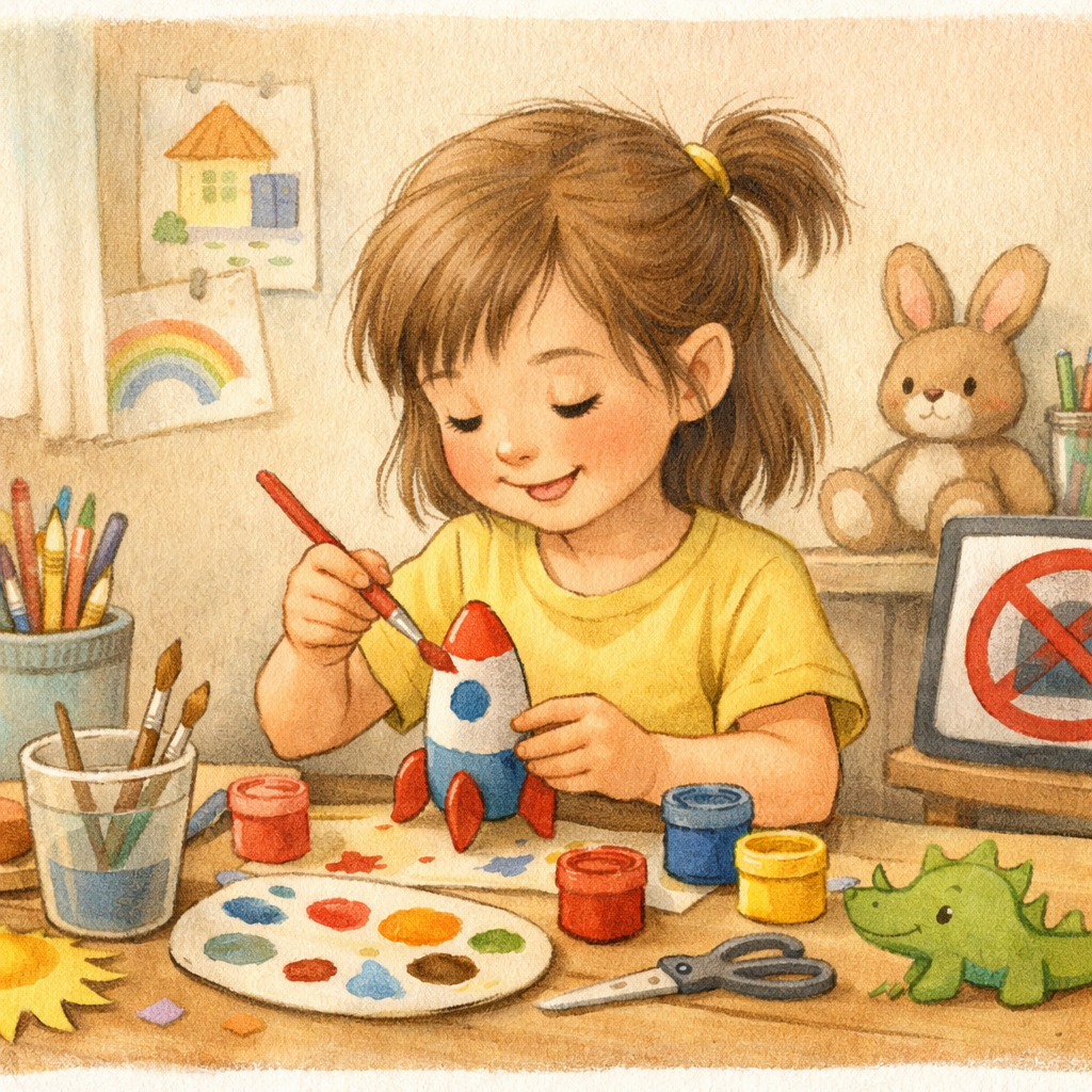 A child participating in arts and crafts activities as an alternative to screen entertainment.