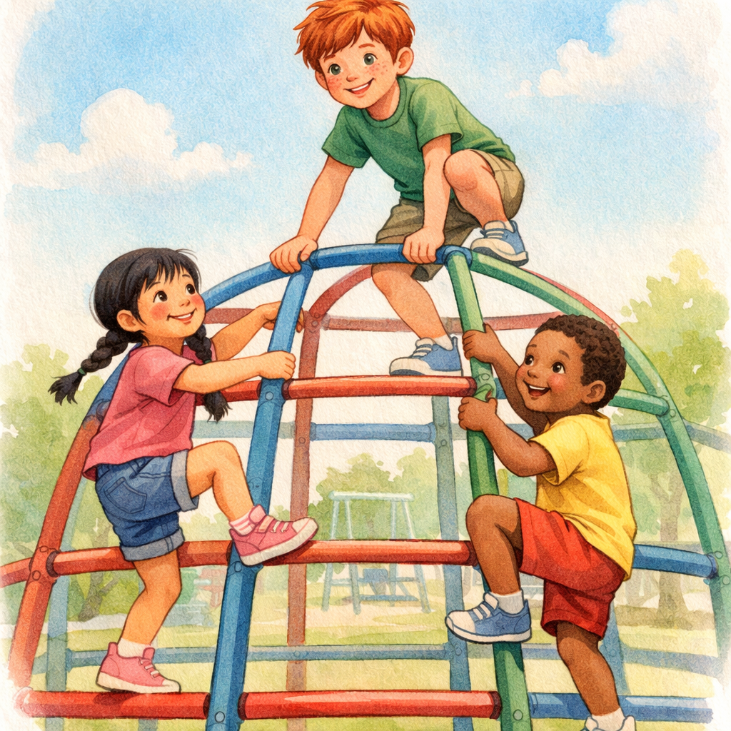 Children climbing a jungle gym together, demonstrating strength, balance, and physical confidence.