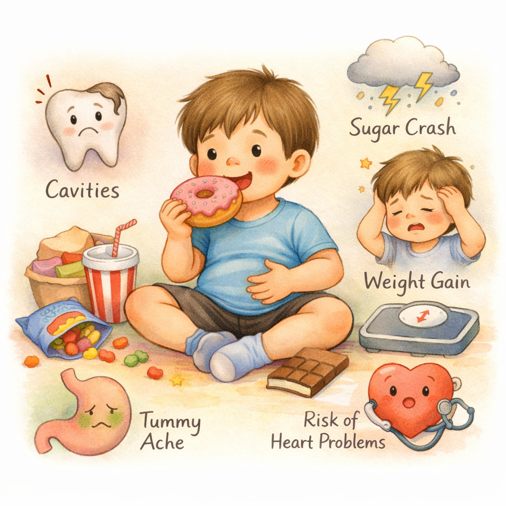 Child eating sugary snacks with emphasis on potential health effects