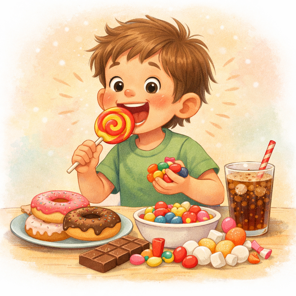 Child eating sugary snacks with illustration of increased hyperactivity