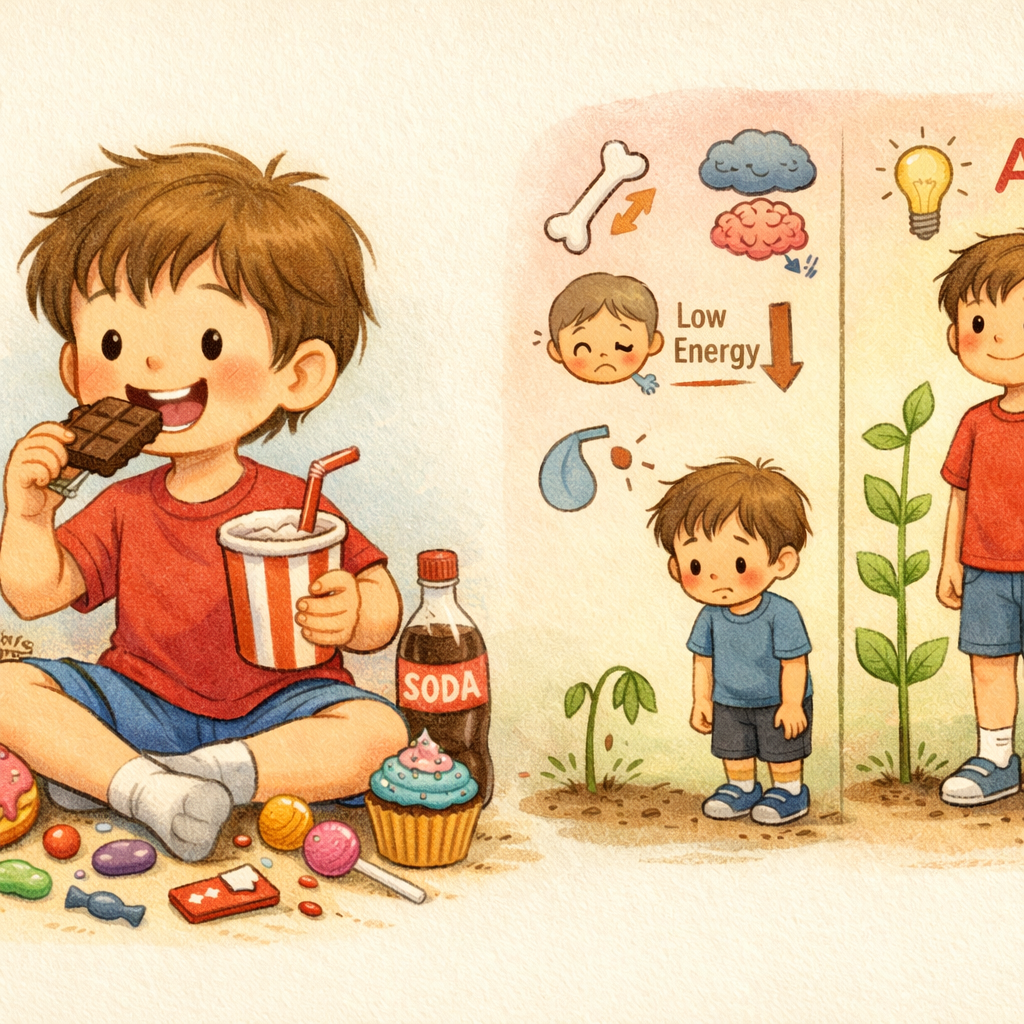 Child consuming sugary snacks with illustration of impact on growth and development