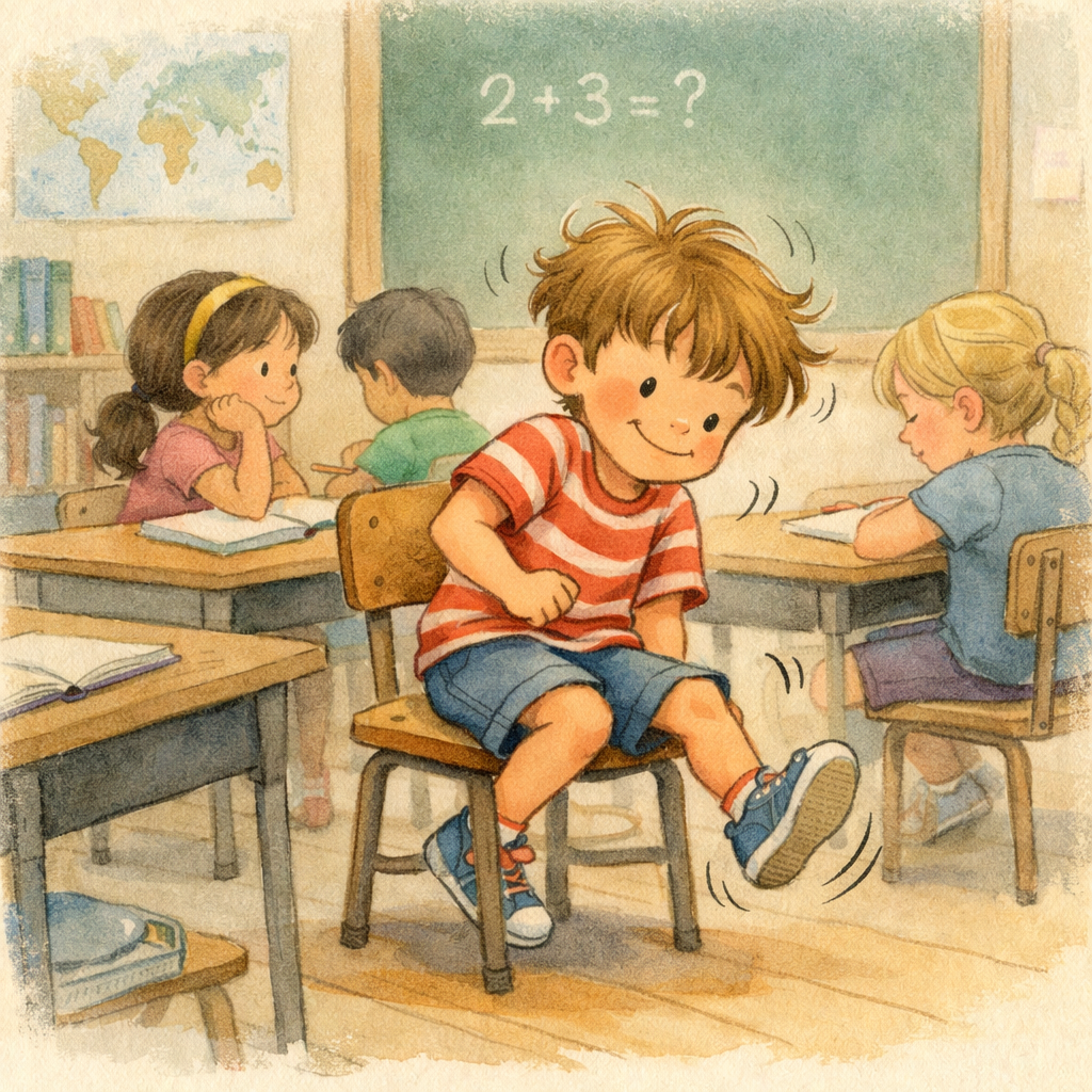 A young child fidgeting in their seat during class, unable to stay still while others remain seated.