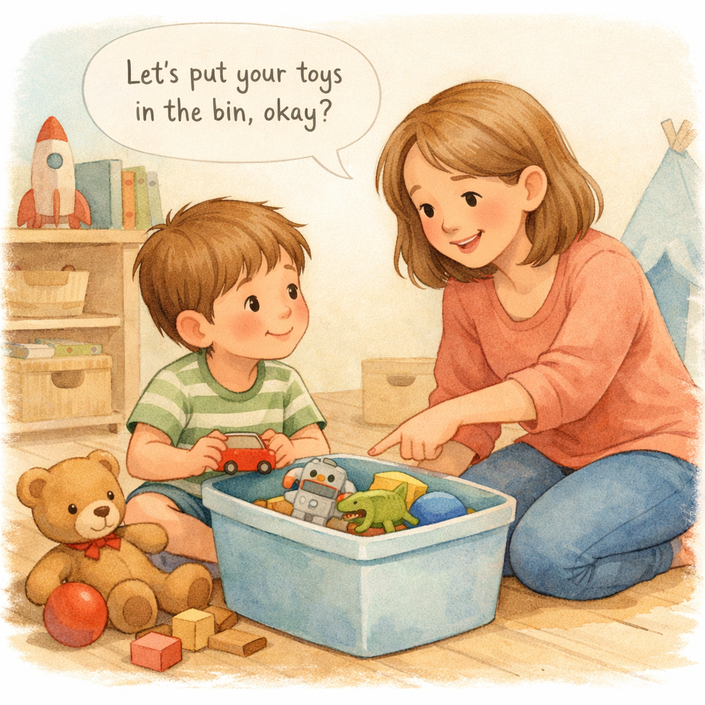 A parent giving clear, simple instructions to a child and guiding them through completing a task.