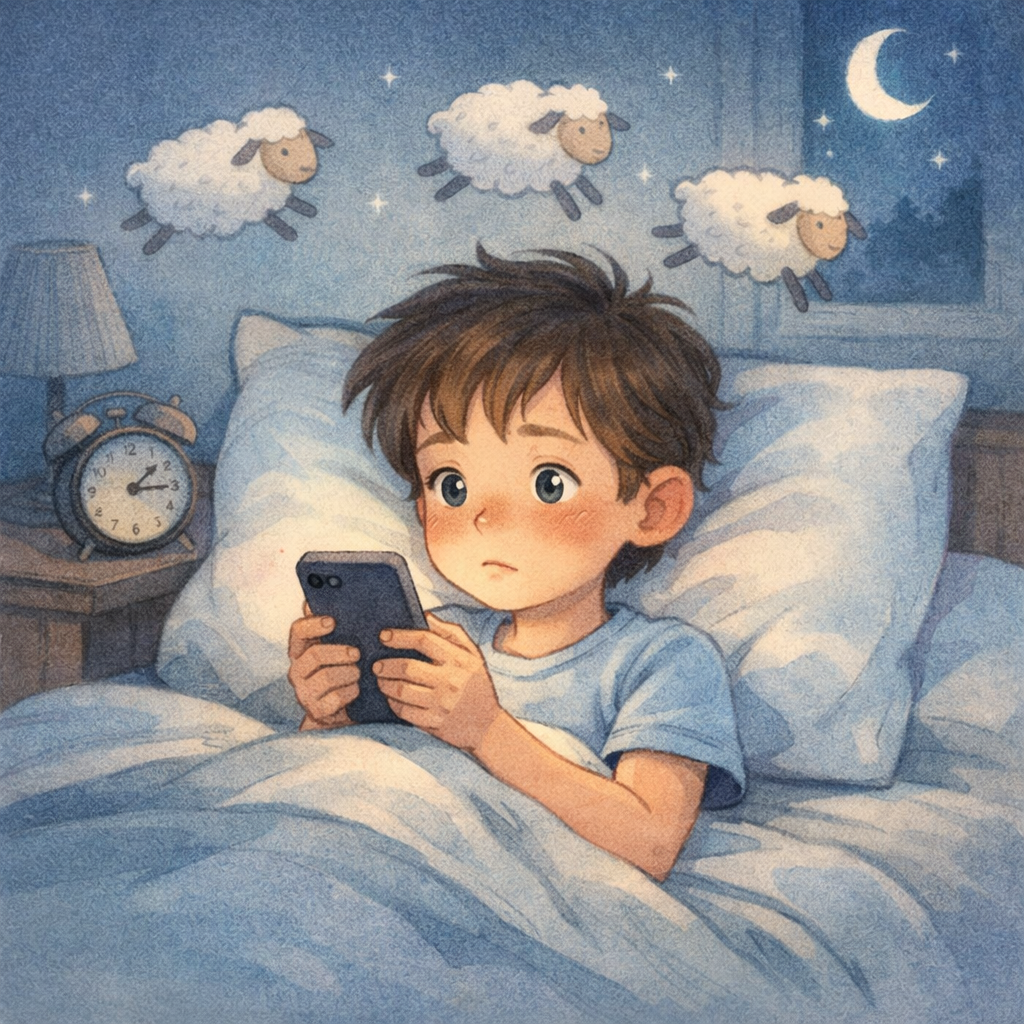 Individual lying in bed unable to sleep while using a smartphone