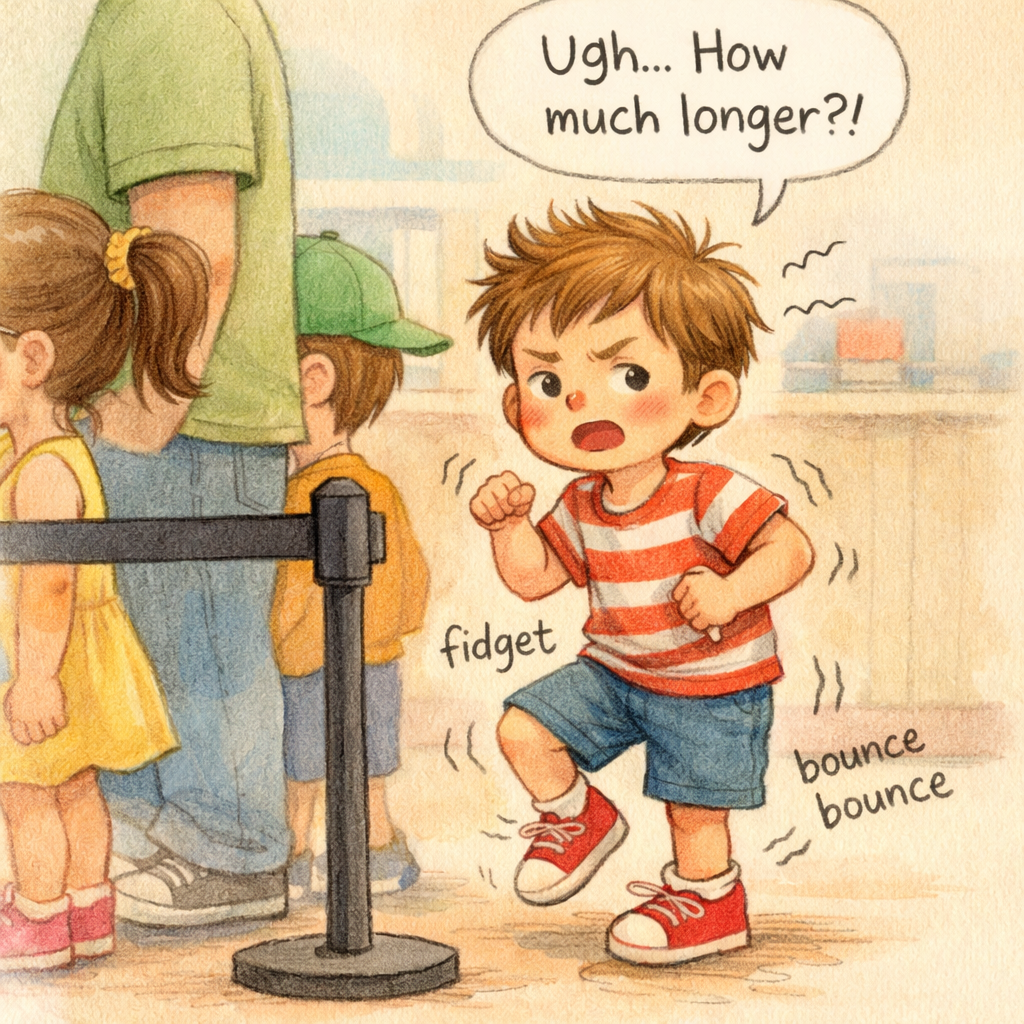 A child appearing restless while waiting in line, unable to remain patient or still.