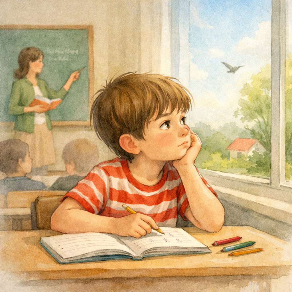 A child staring out the window instead of paying attention to a teacher, showing signs of inattention.