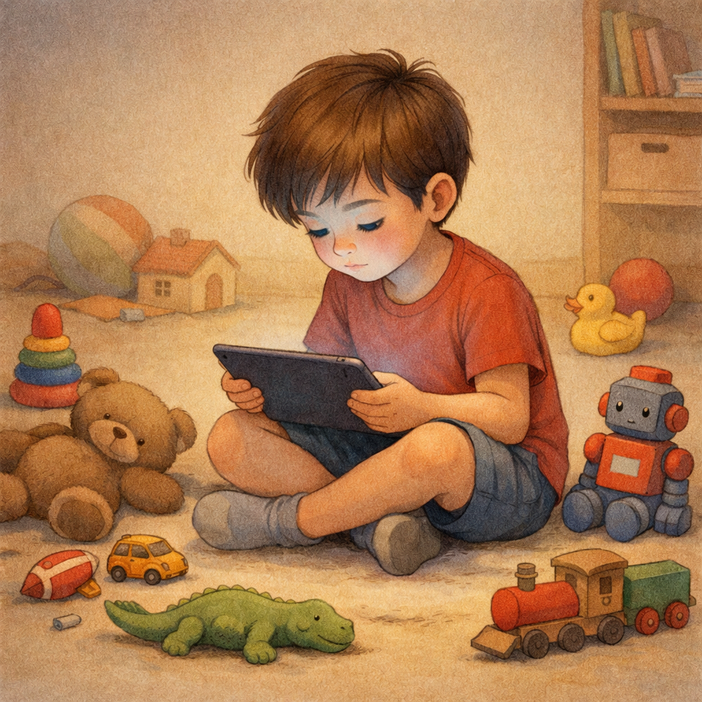 A child staring at a tablet for long hours while ignoring toys around them, showing gadget overuse