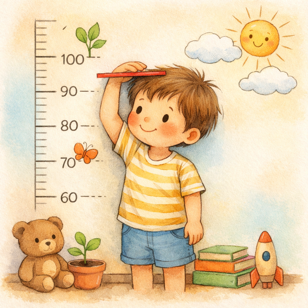 A child measuring height against a wall chart, tracking growth over time with a proud expression.