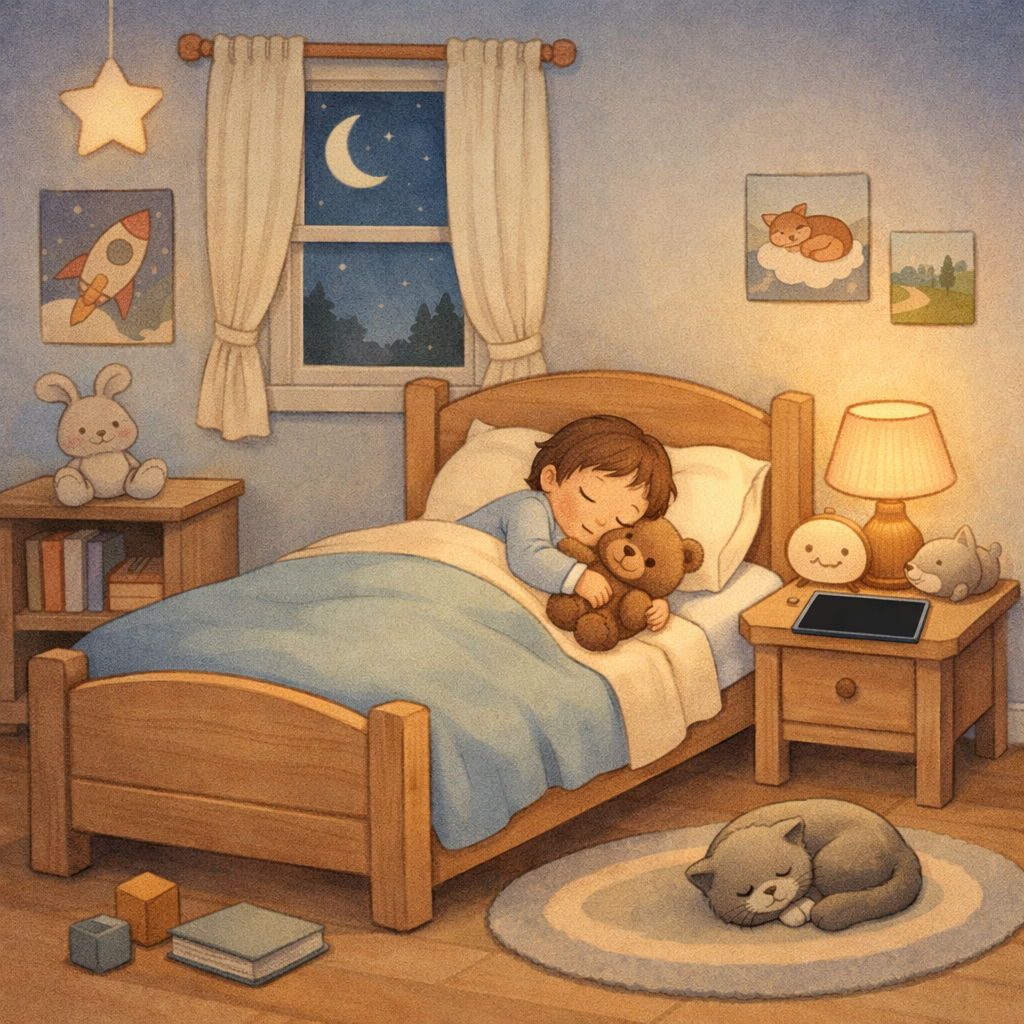 A child sleeping peacefully in a cozy bed with soft pillows and a warm blanket in a dimly lit room.