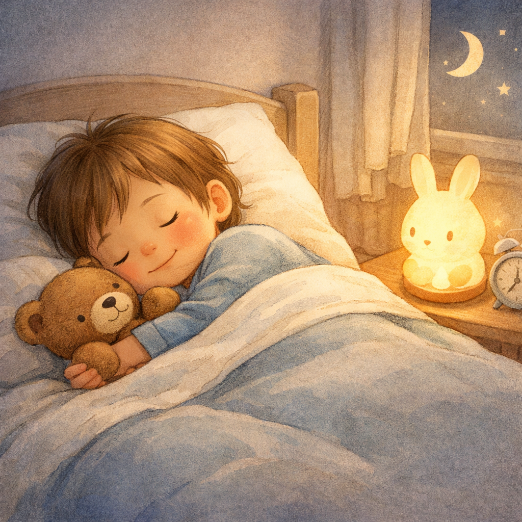 A young child peacefully sleeping in a cozy bed with soft blankets and a dim nightlight glowing beside them