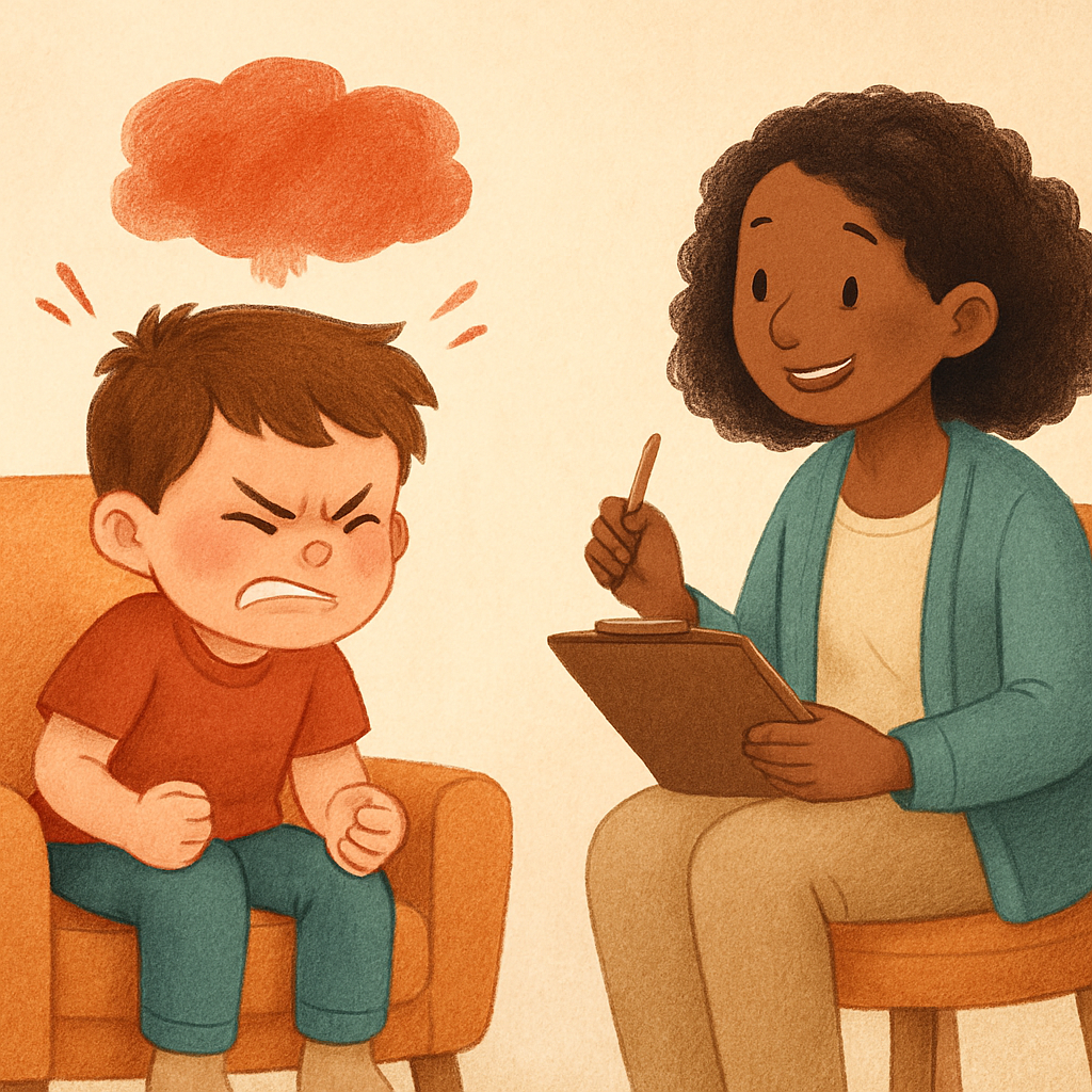 A therapist teaching calming breathing techniques to a child having strong emotions.