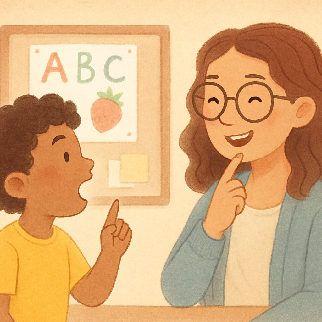 Child working with a speech-language pathologist during therapy.