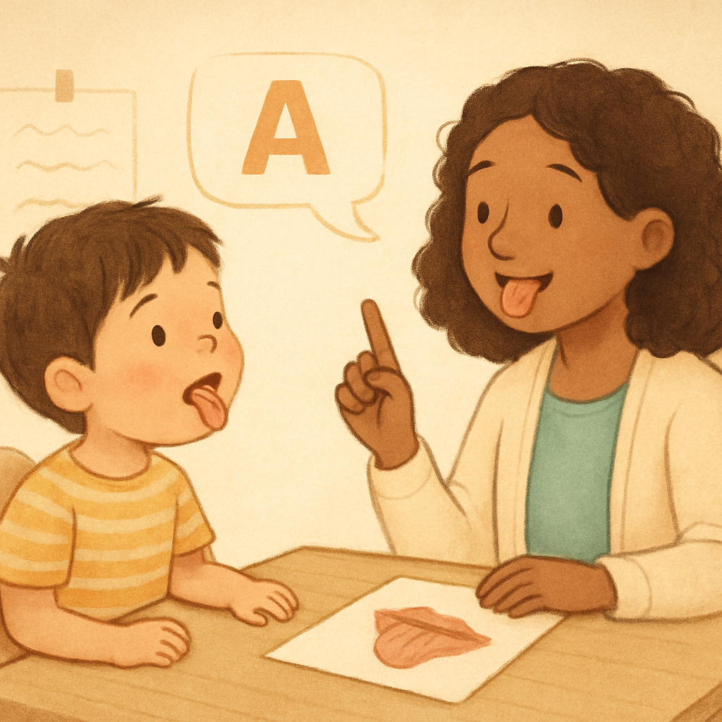 Child engaged in interactive speech therapy with a professional therapist.