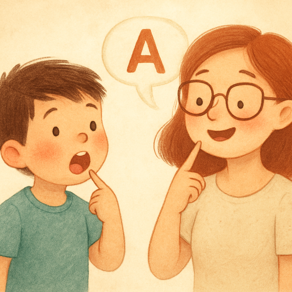 Young patient engaging in speech exercises during a therapy session