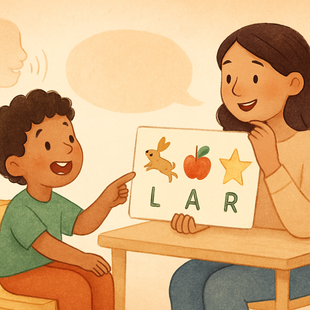 Speech therapy session using games and visual aids to support language development.