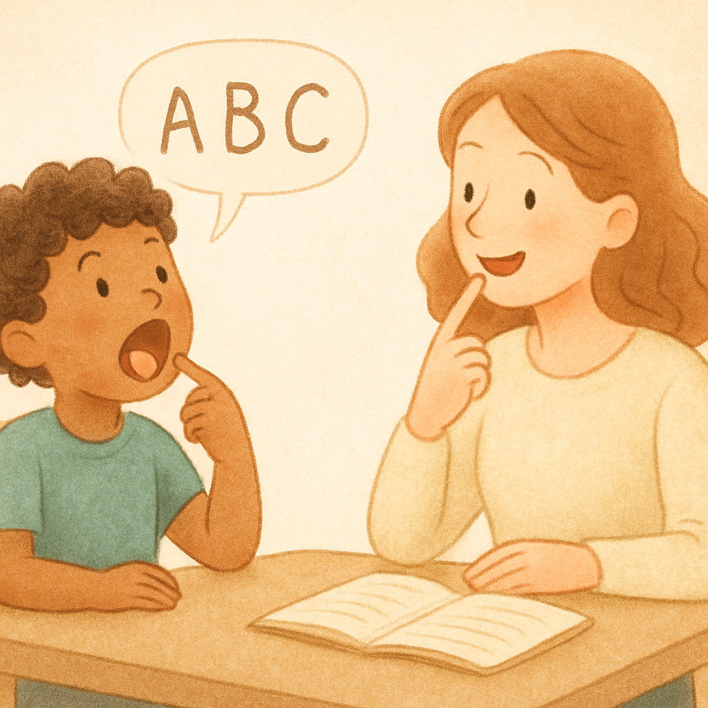 A parent and child sitting face-to-face during a language development activity.