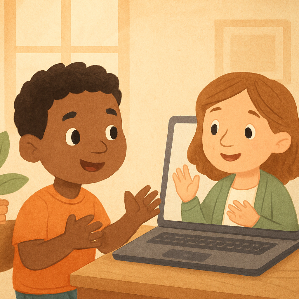 Telehealth behaviour therapy with inclusive, friendly characters.