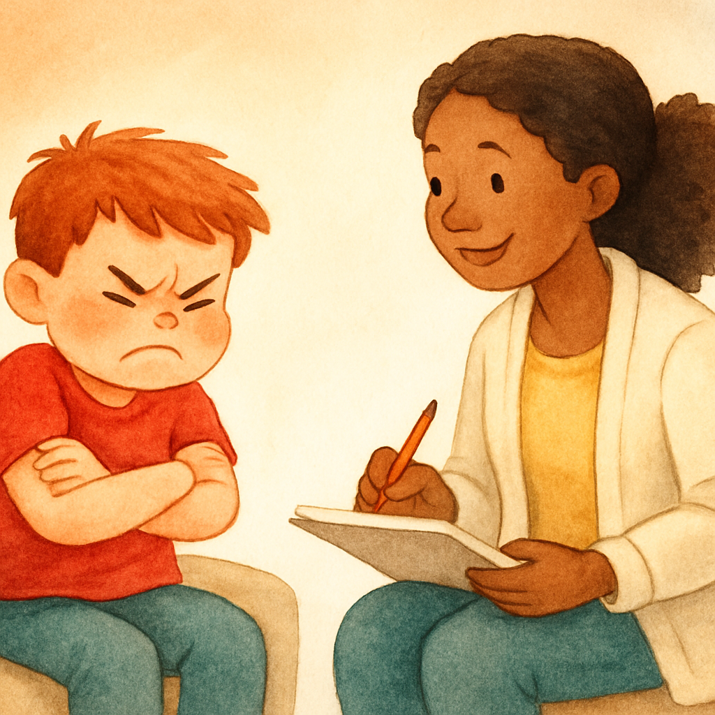 Therapist calmly talking with a child who is expressing anger through facial expressions.