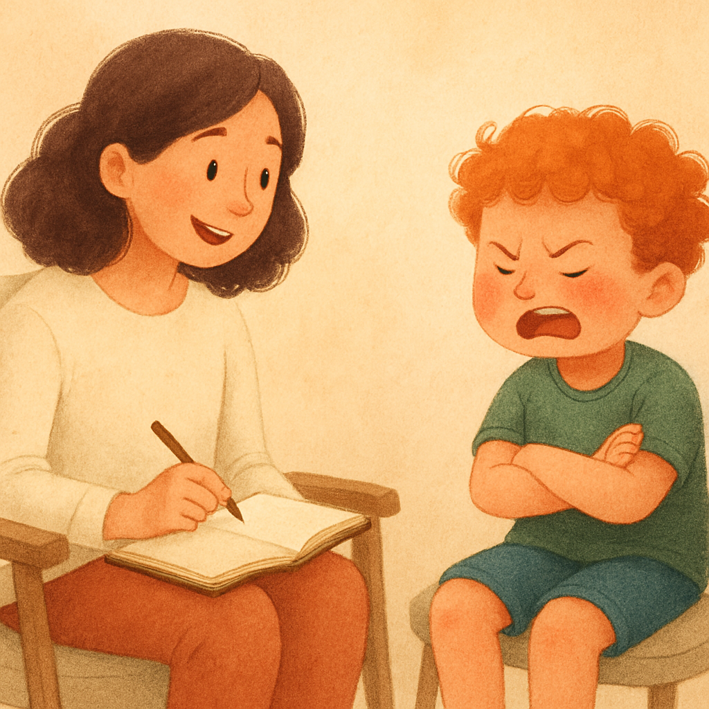 Therapist calmly speaking with an angry child during a one-on-one therapy session.