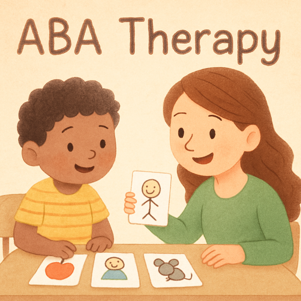 Therapist using discrete trial training techniques to teach a child matching skills during an ABA session.