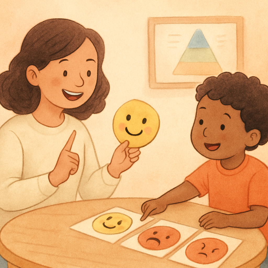 ABA therapist working one-on-one with a child during a structured learning session.