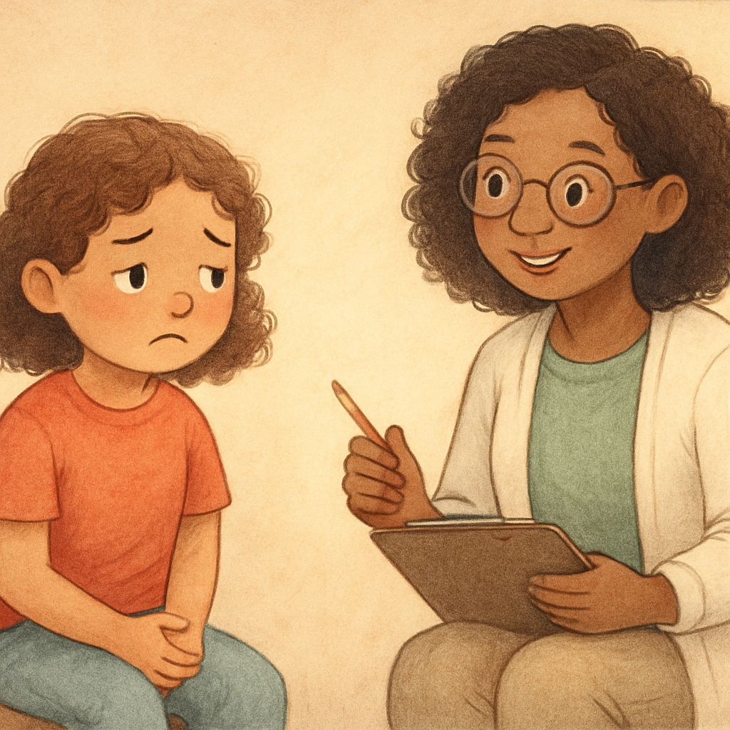 A therapist guiding a child through behaviour management strategies.