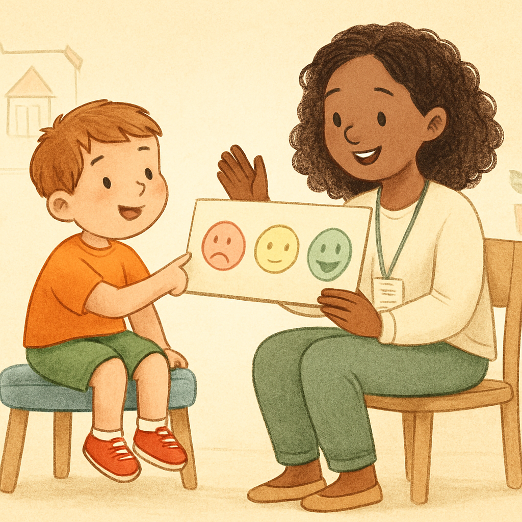 Therapist helping a child follow a routine using picture cards.