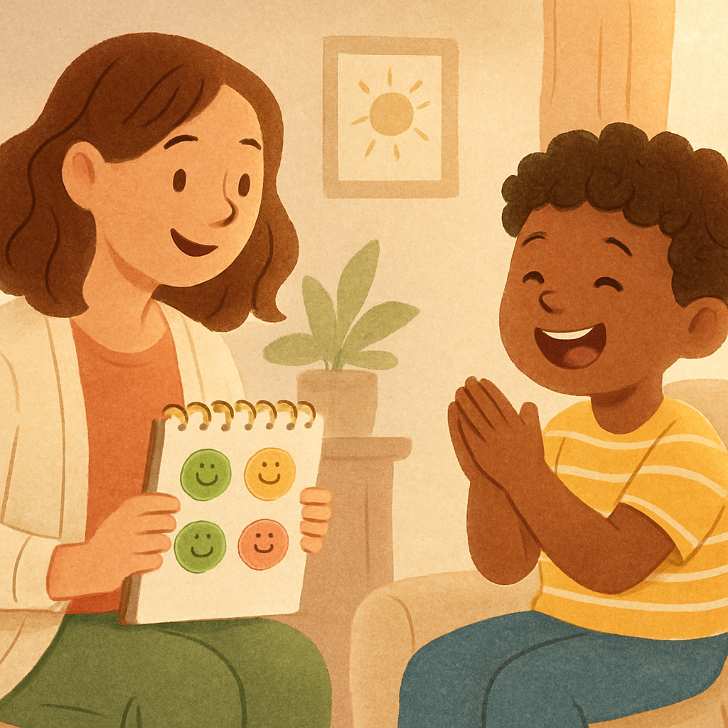 Child sitting at a small table with a therapist, using colorful emotion cards to identify and label different feelings during a behavior therapy session.