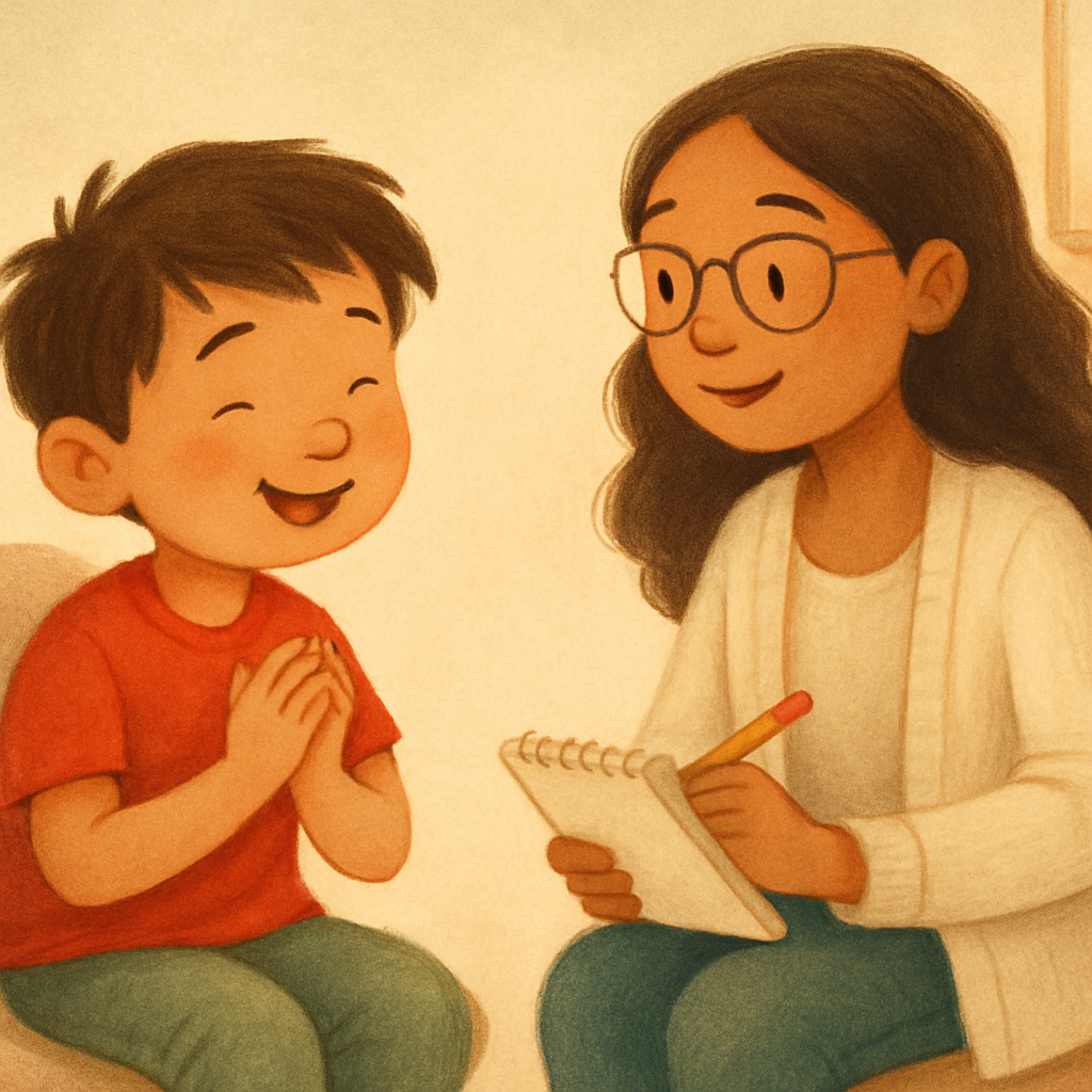 Behavior therapist using positive reinforcement by praising a child for completing a task.