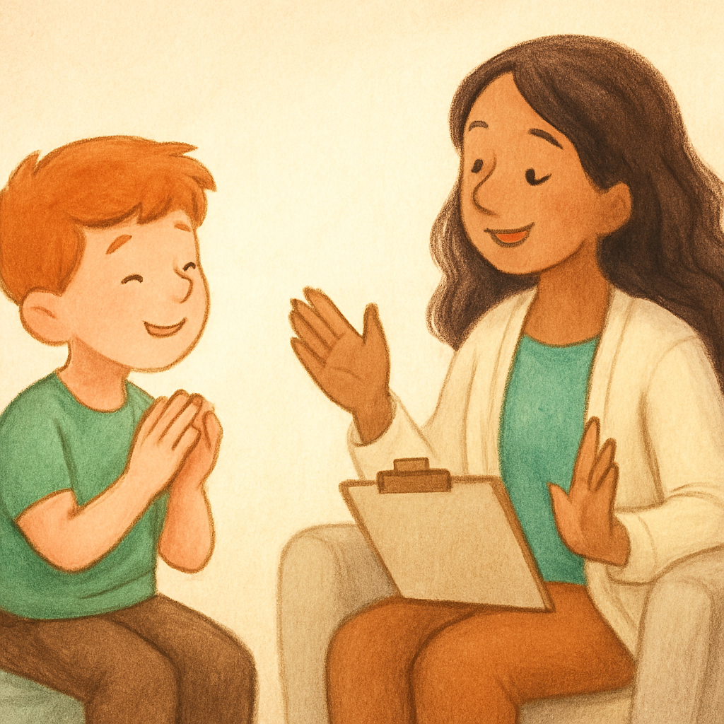 Therapist smiling and giving verbal praise to a child after they complete a task independently during a positive behavior therapy session.