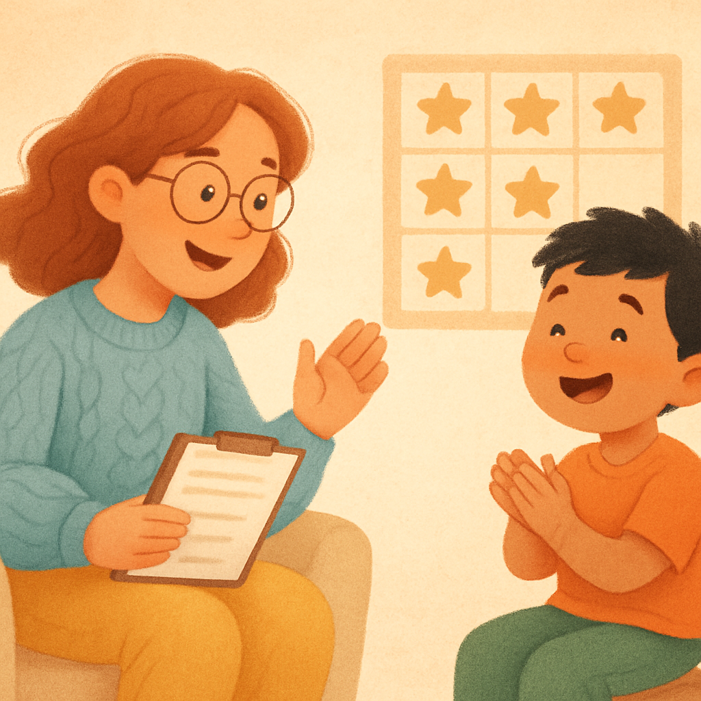 Close-up of a sticker reward chart on a refrigerator, showing stars earned for completing homework and following routines.