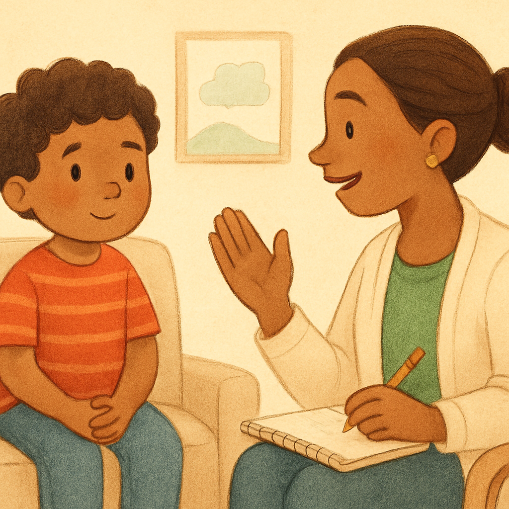 arm, supportive therapy environment with therapist and client engaged in conversation.