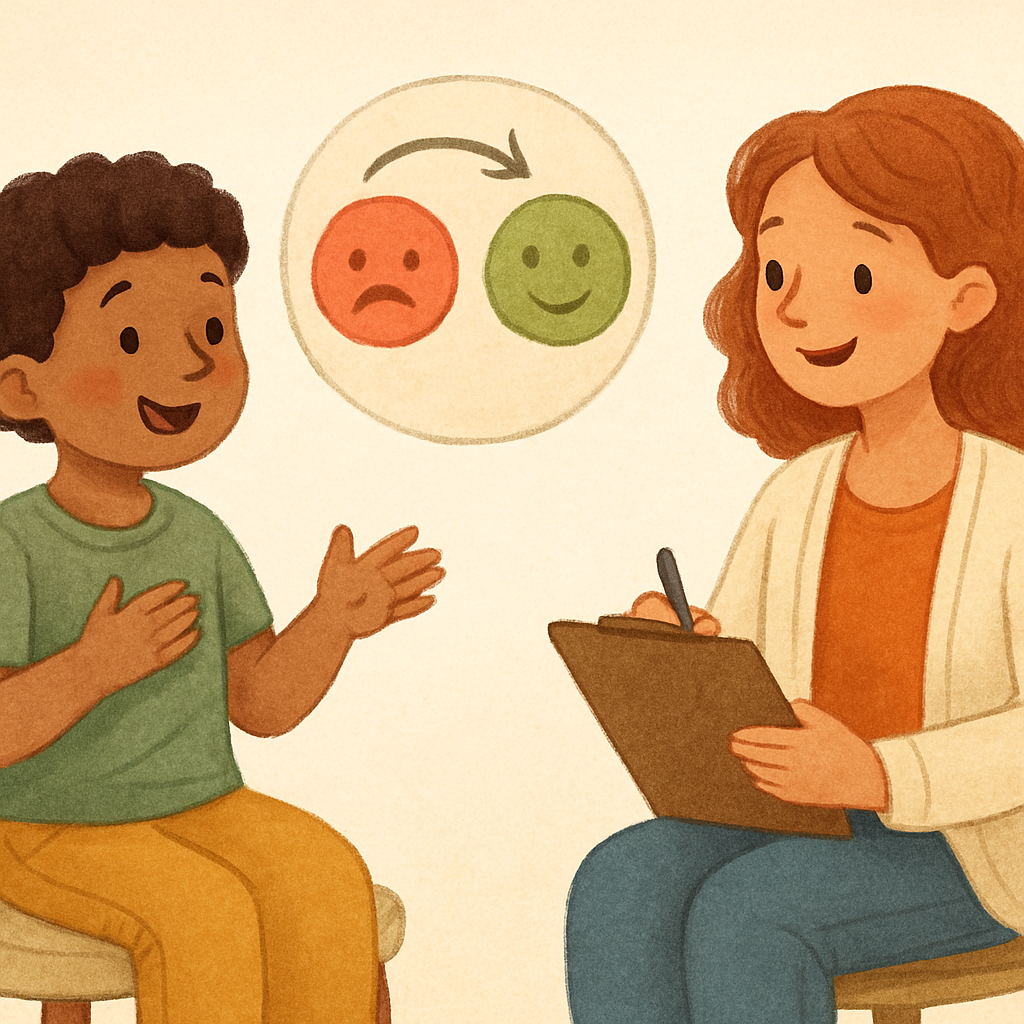 A therapist and client sitting across from each other, discussing a behavior chart during a therapy session.