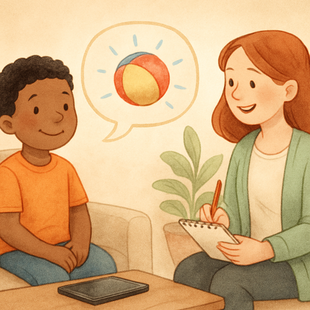 A child sitting with a therapist while a tablet and phone are placed on a table during therapy.