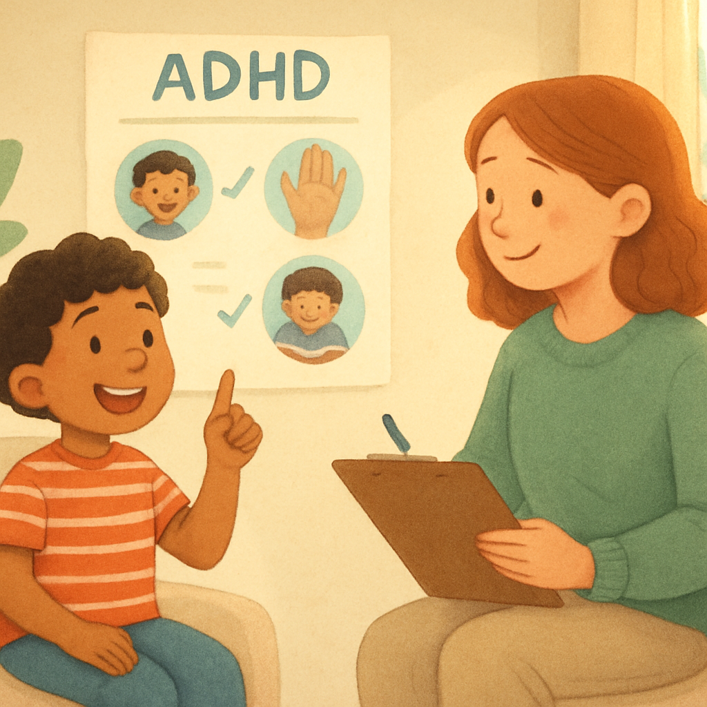 Therapist working with a child with ADHD on focus and behavior strategies.