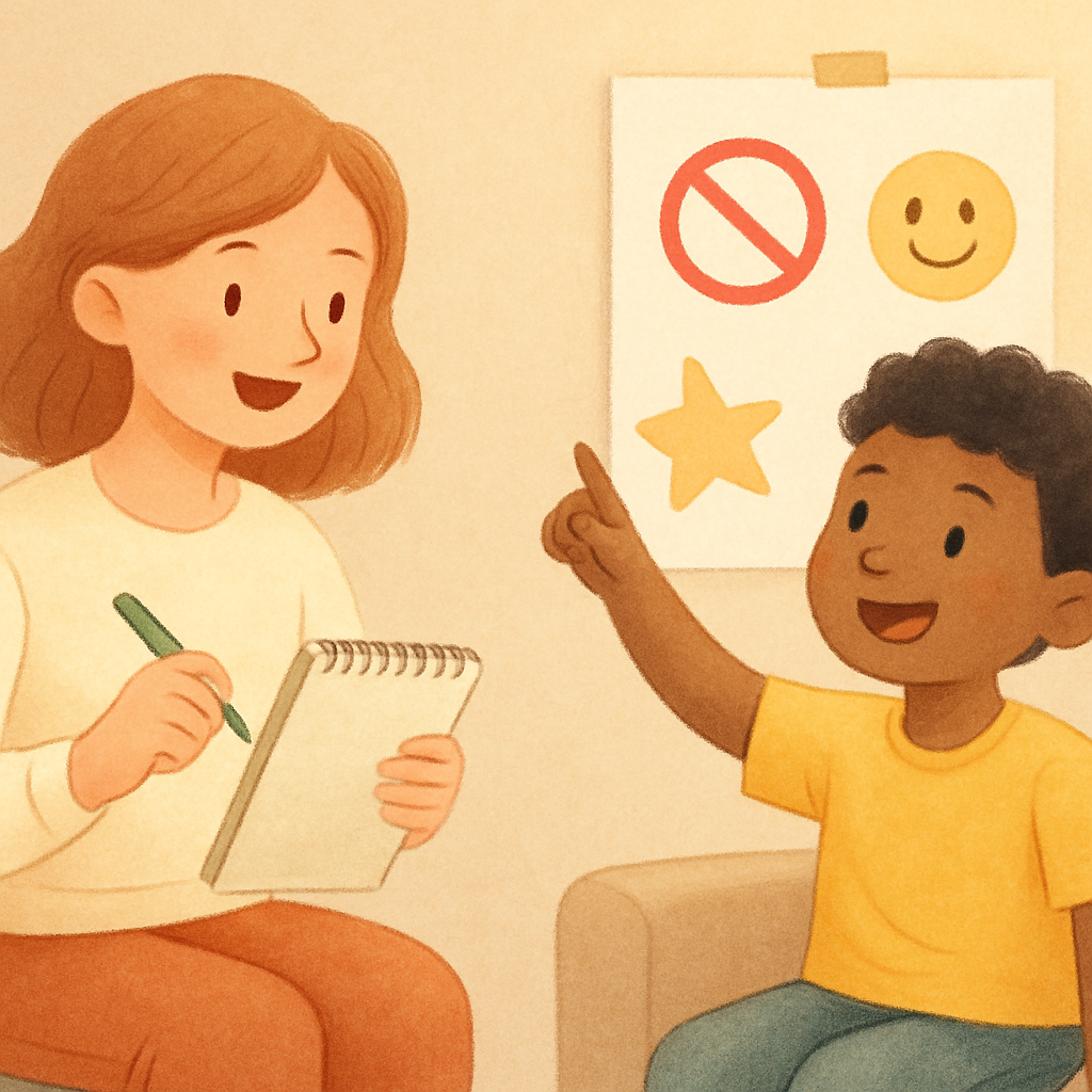 Therapist guiding a child through positive reinforcement techniques.