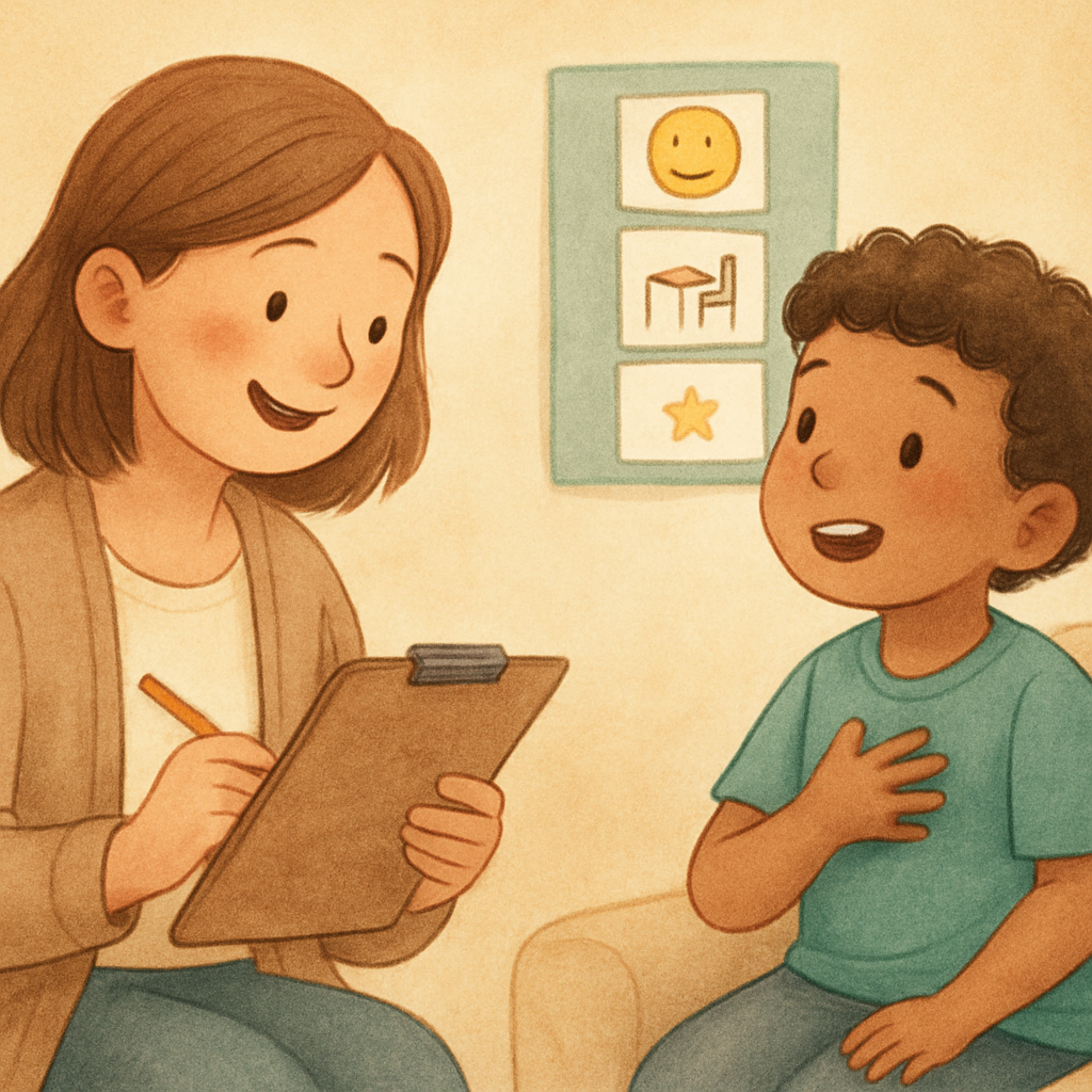 Child engaging in play-based behavioral therapy to build communication skills.