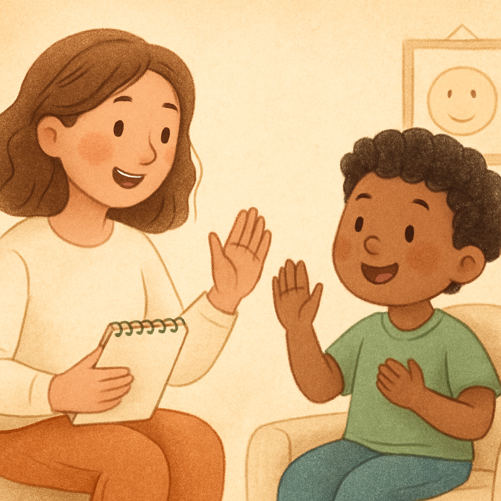 A child sitting at a table with a therapist, practicing coping strategies during behavioral therapy.