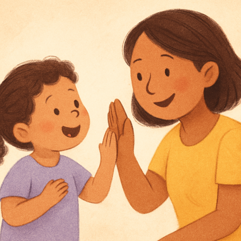 Child smiling while completing a behaviour-tracking worksheet with help.