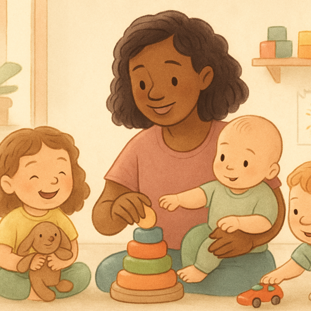 Caregiver holding a baby while talking gently in a nursery setting.