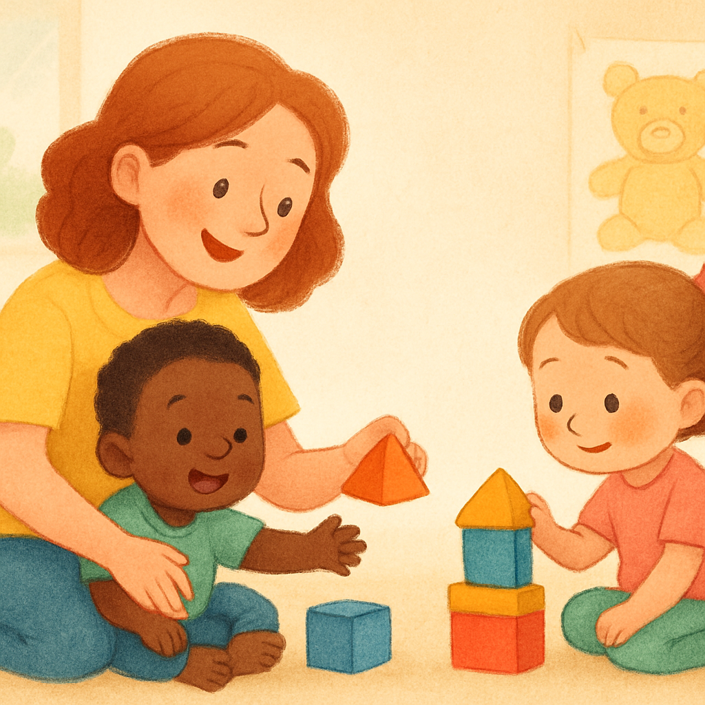 Childcare worker helping young children play with building blocks in a daycare room.