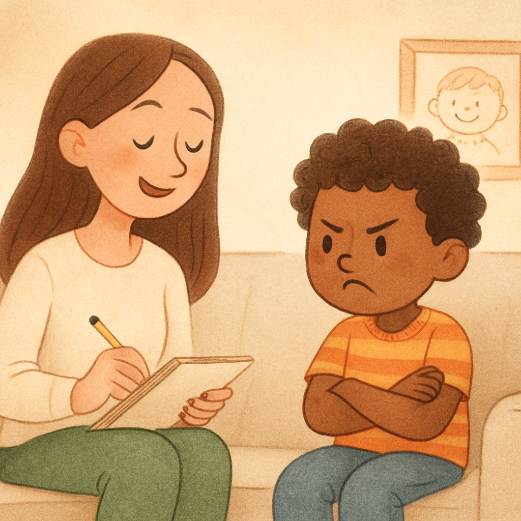 A therapist guiding an upset toddler through calming exercises after a tantrum.