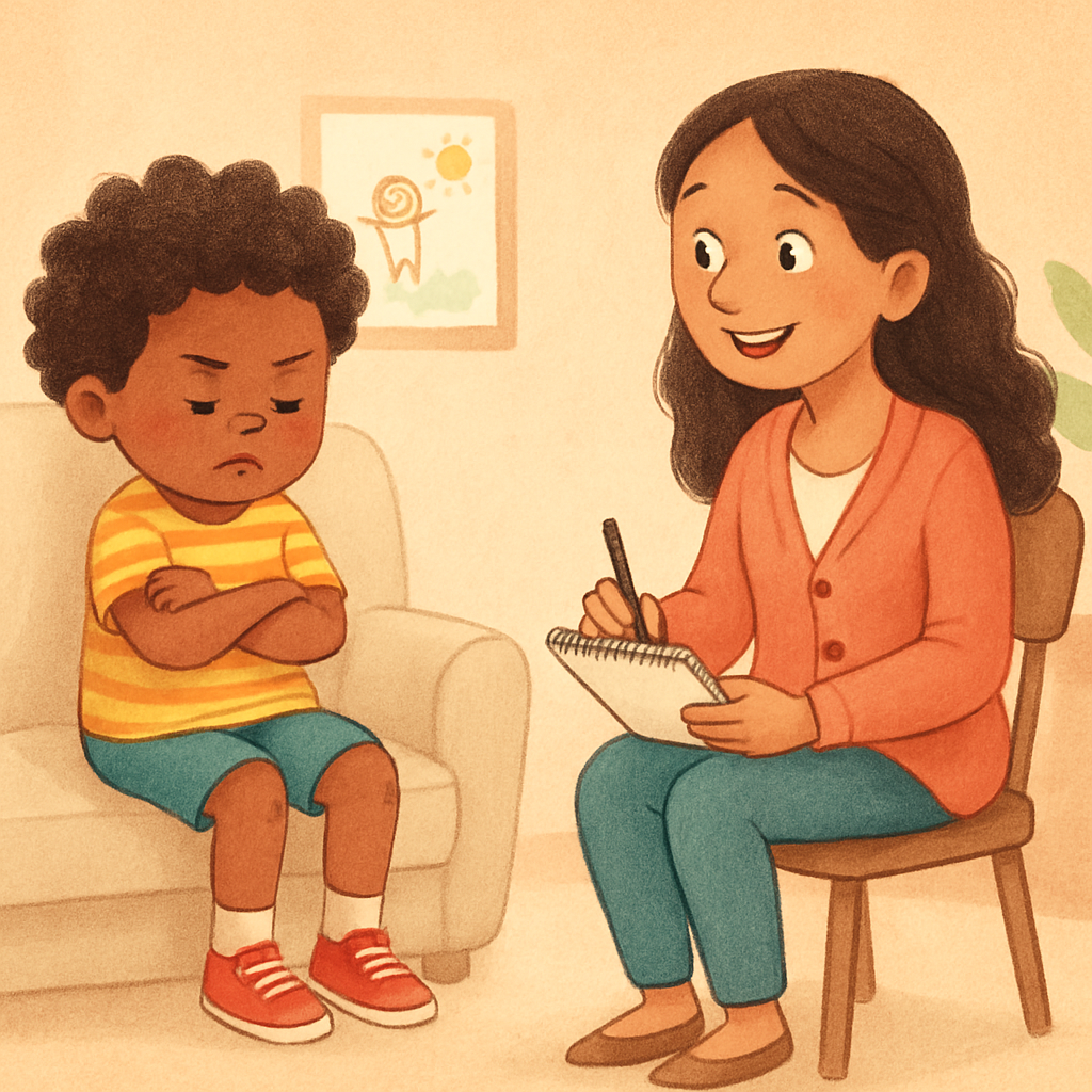 A toddler sitting on the floor with arms crossed, while a therapist kneels nearby offering calm support.