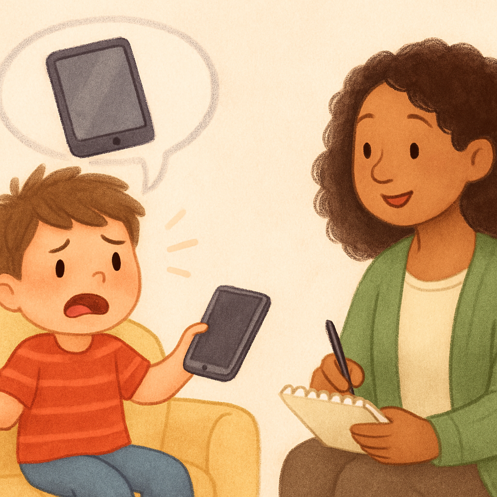 Therapist helping a client set screen time limits on an iPhone.