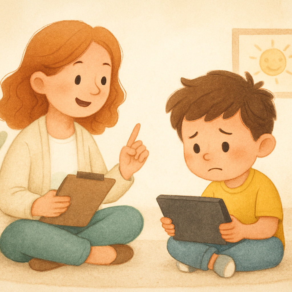 Child holding a tablet with a blank expression, suggesting overstimulation from screen use.