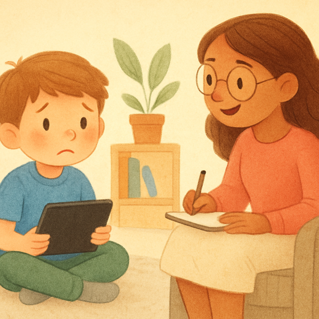 A calm therapy session where a child practices emotional regulation without gadgets.